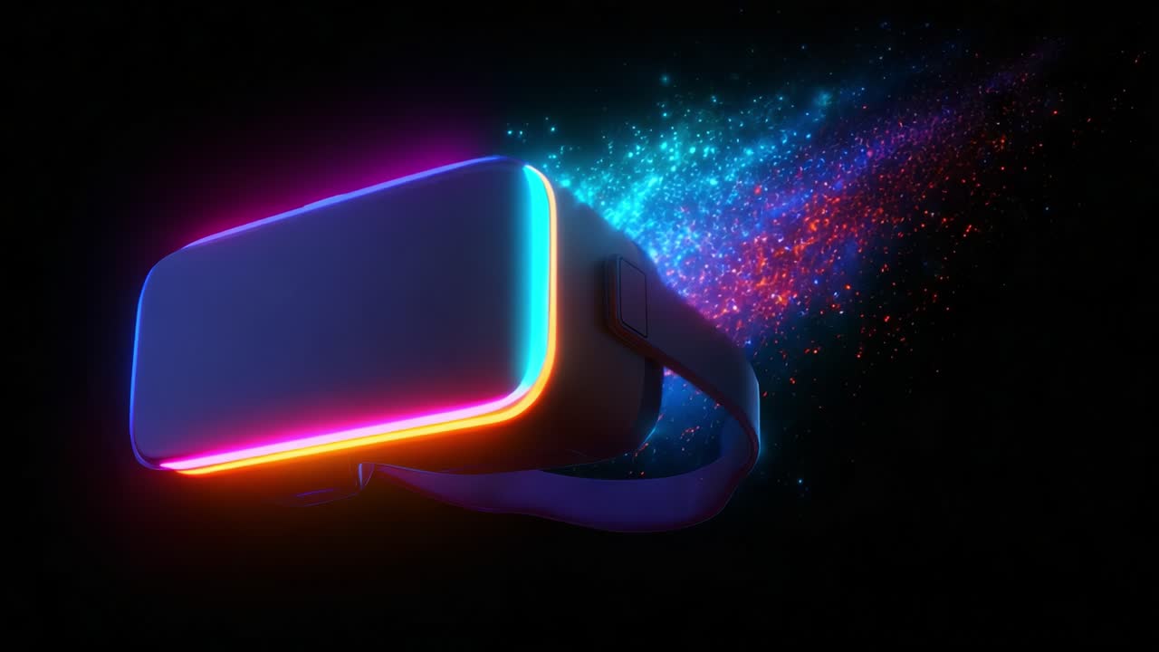 Immersive Experience with Vibrant Virtual Reality Headset Surrounded by Colorful Light Trails and Particle Effects, Showcasing the Future of Digital Interaction and Entertainment