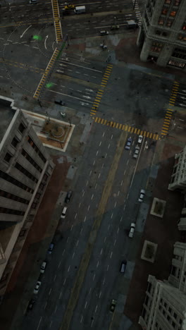 aerial view of city street with traffic and pedestrians