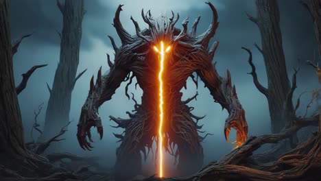 Ancient Glowing Forest Monster in a Dark, Twisted Wood