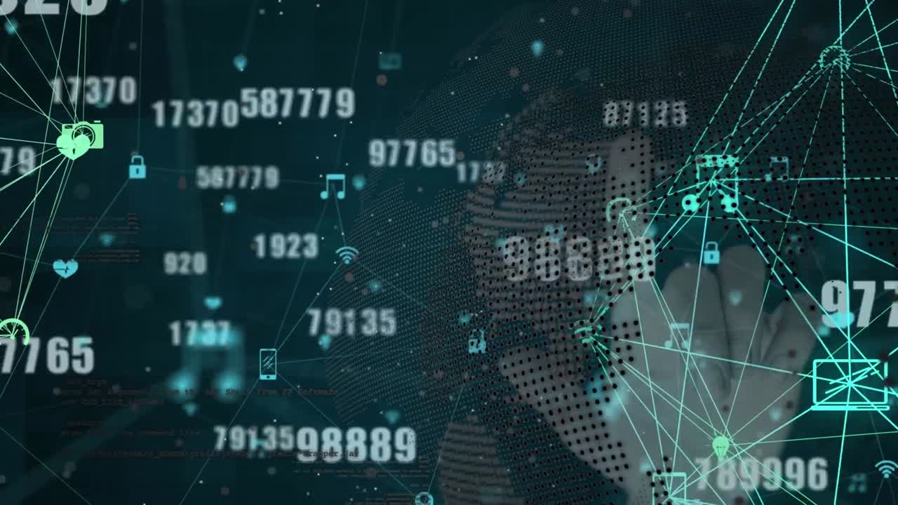 검은 바탕에 있는 지구, 숫자, 연결 및 손가락의 애니메이션