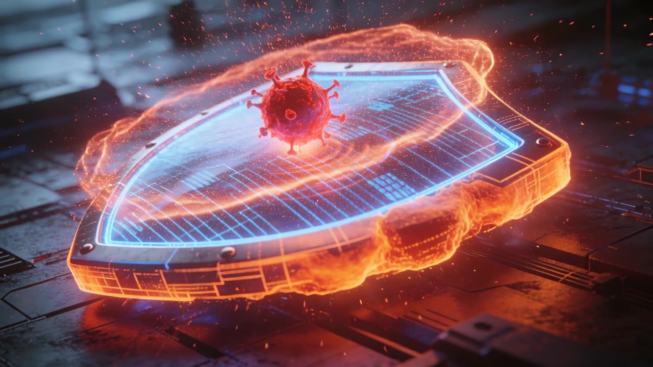 Respondiendo a una partícula de virus roja flotante, un escudo holográfico forma una cúpula de plasma ámbar sobre un suelo de circuitos