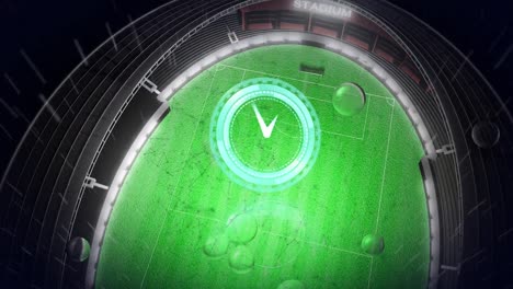 Animation-of-clock-moving-over-soccer-field-stadium-with-raindrops-while-raining