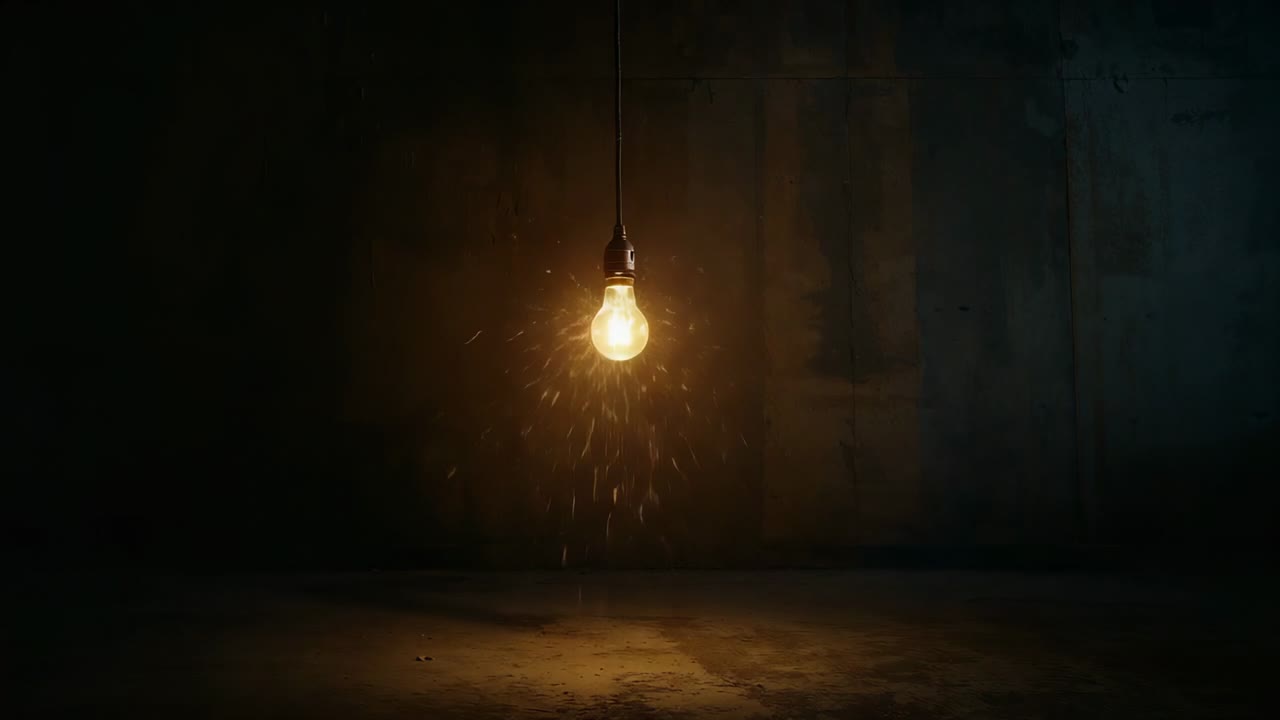 Power activating hanging bulb warming filament spreading amber glow in cellar, with falling sparks
