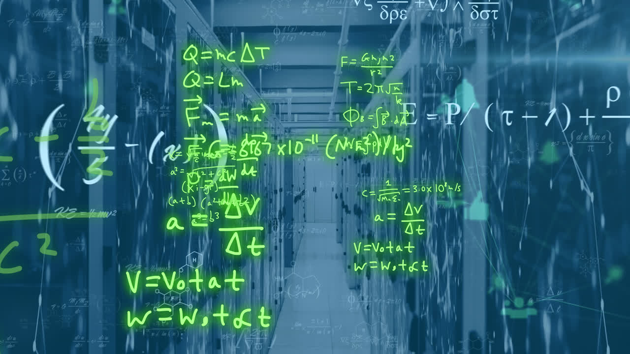 Animation of mathematical equations over connected dots on data server racks in server room