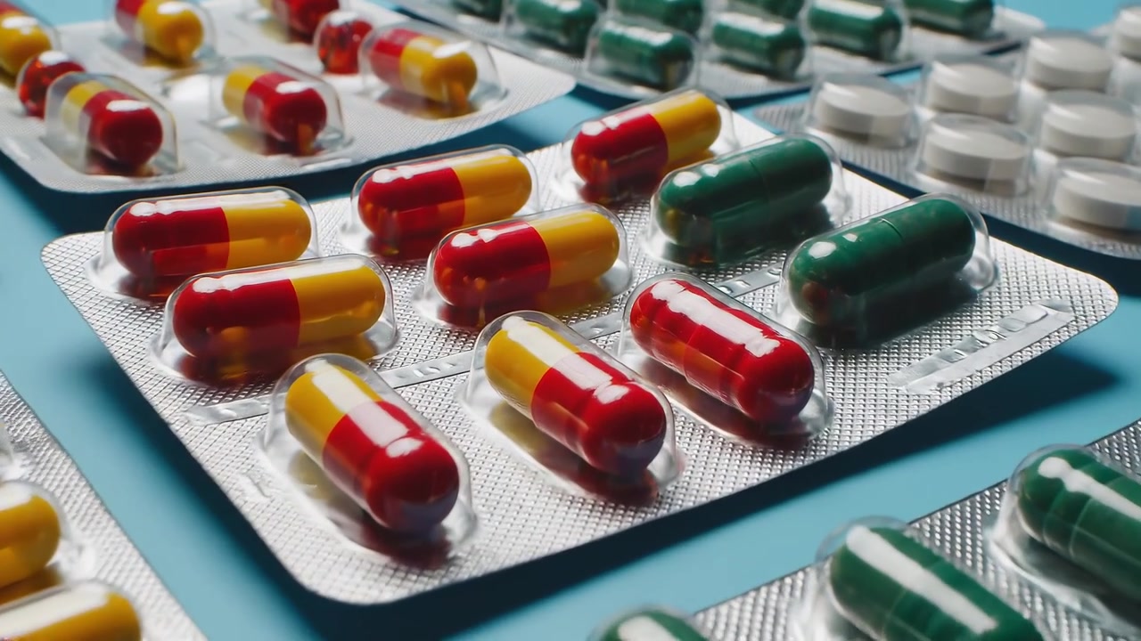 Assortment of Colorful Medicine Blister Packs on Blue Surface
