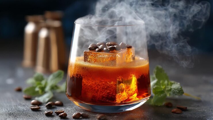 Æstetisk kaffe-cocktail med isterninger og røgfyldt aroma: En visuel fryd med rige farver og teksturmæssig kontrast i et stilfuldt glas