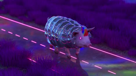 un cerdo brillante en un traje transparente caminando por un camino de neón