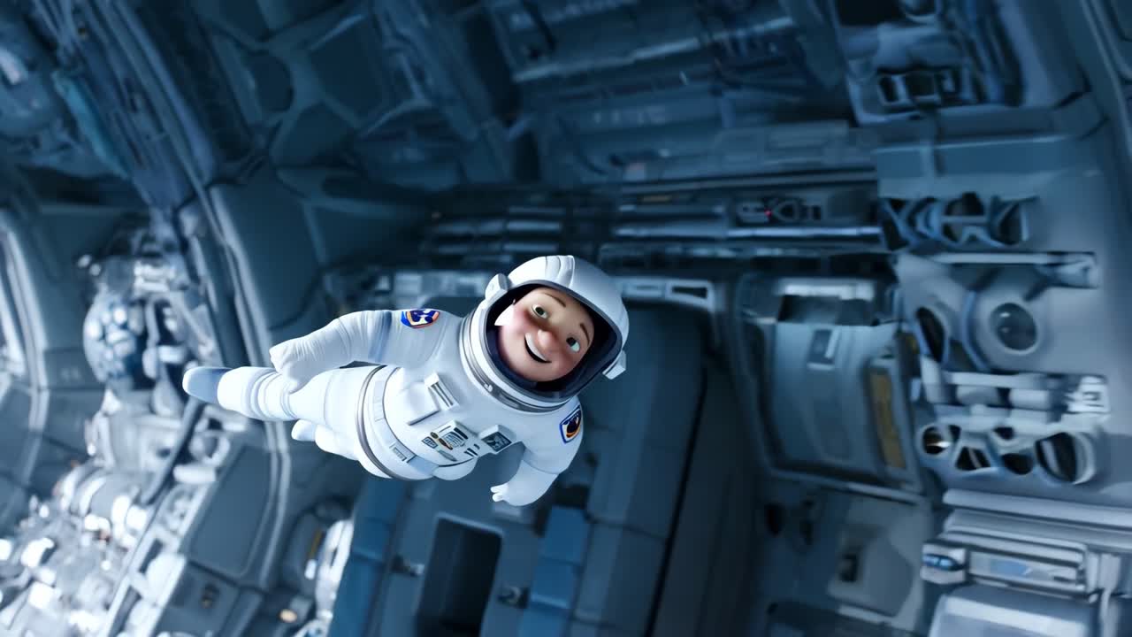 An exciting astro adventure begins as an animated character embarks on a journey exploring the wonders of zero gravity inside a cutting-edge futuristic space station