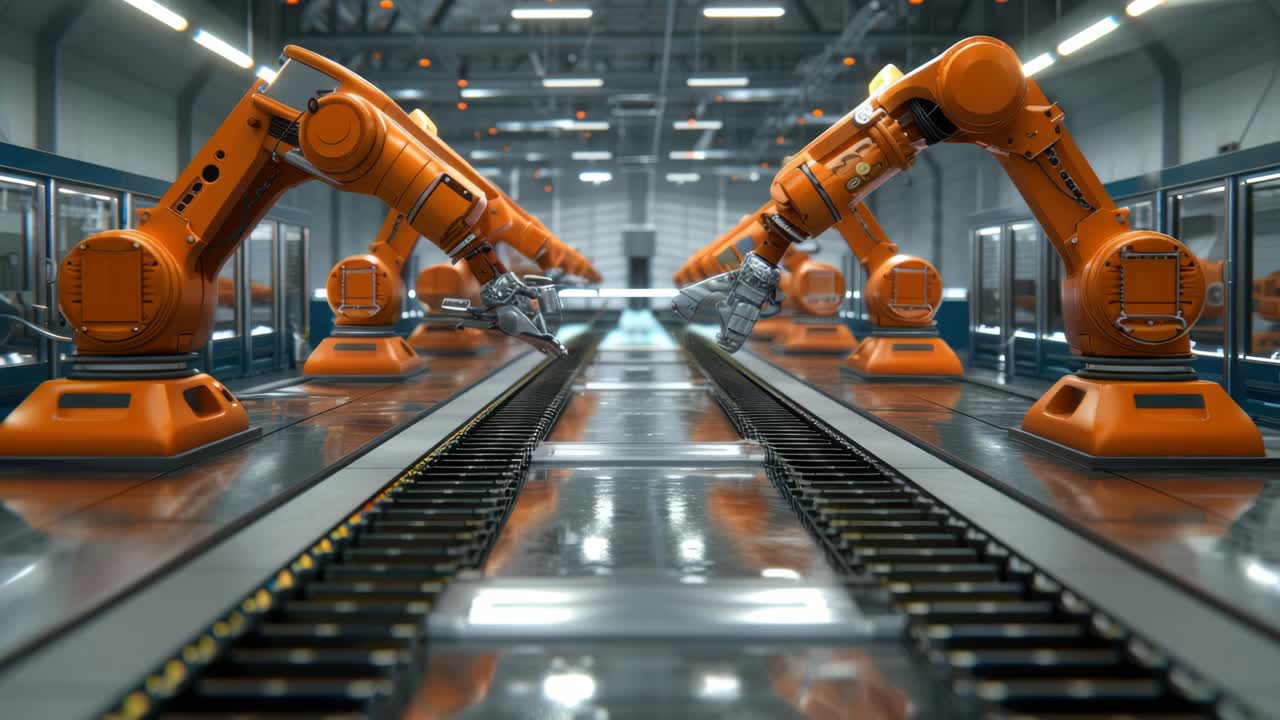 Vidéo dynamique de bras robotiques dans un environnement d’usine, capturée en contre-plongée, mettant en valeur une technologie avancée