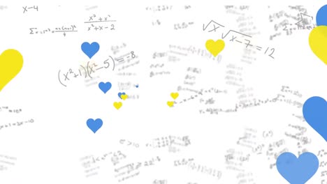 Animation-of-yellow-and-blue-heart-icons-floating-over-mathematical-equations-on-white-background