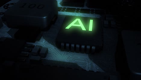 Representación-Cgi-Oscura-Y-Siniestra-De-Alta-Calidad-De-Una-Placa-De-Circuito-Integrado-Con-Un-Chip-De-IA-Verde-Brillante,-Con-Un-Suave-Movimiento-De-Cámara-En-Sentido-Antihorario-Empujando-Lentamente-El-Chip-De-IA-Central