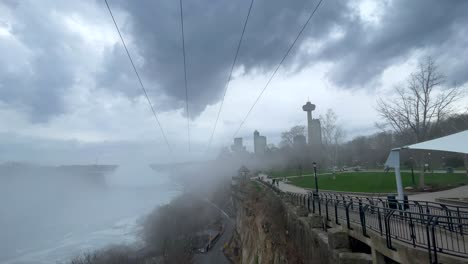 the niagara falls, ontario city skyline on background, under a mist cloudy foggy day from waterfall