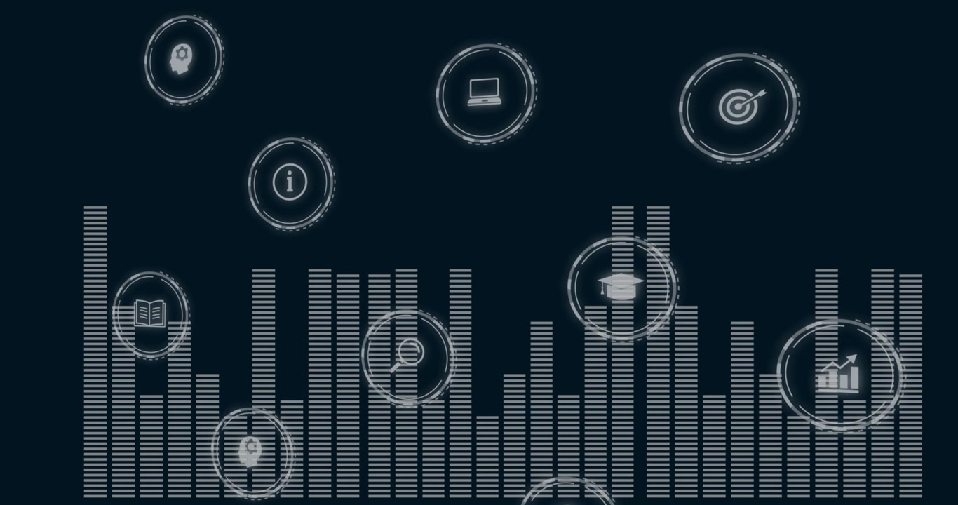 Bars starting pulsing under drifting icons brightening and cycling on navy screen showing data flow