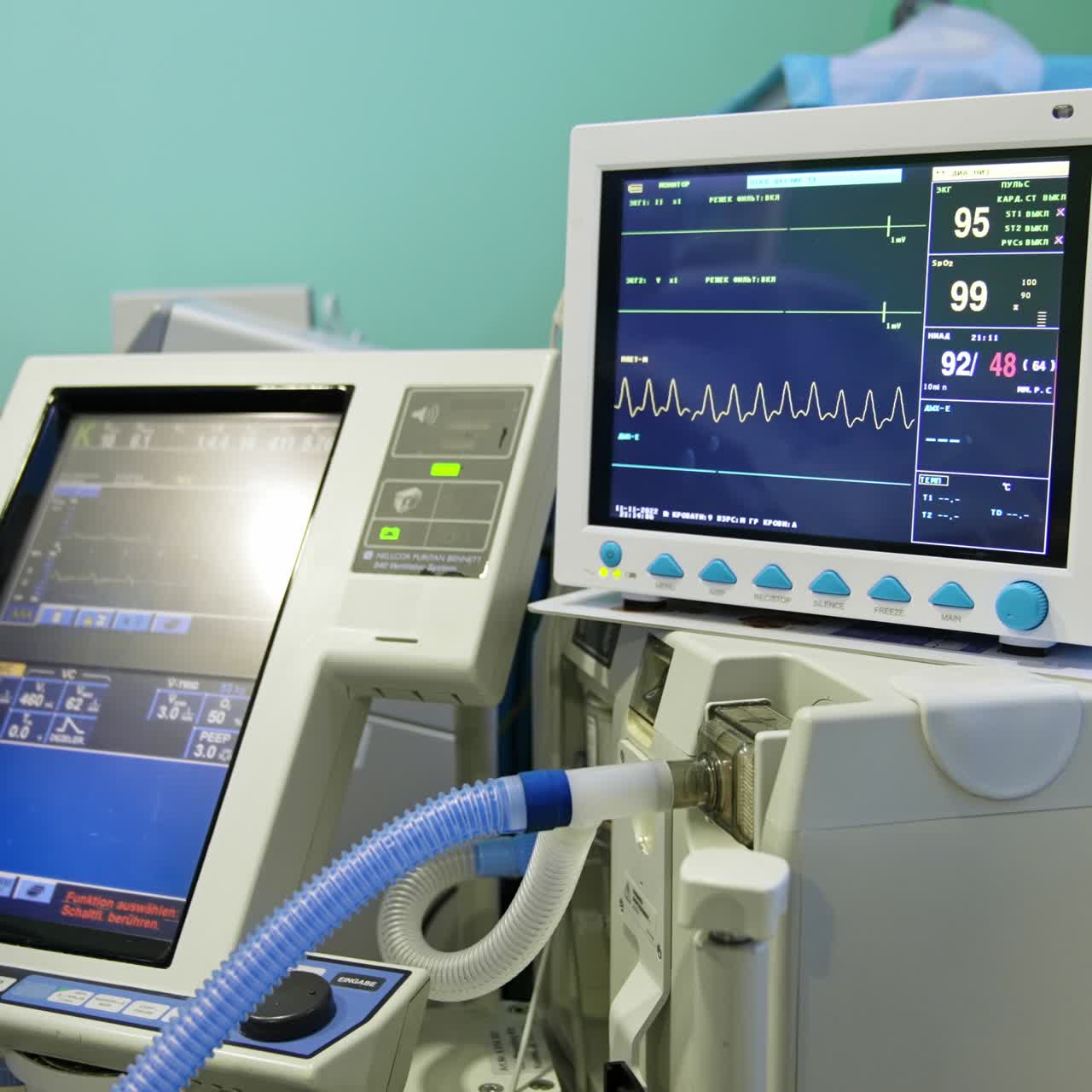 Advanced medical equipment functioning during surgery. Heart rate and pressure parameters on the screen