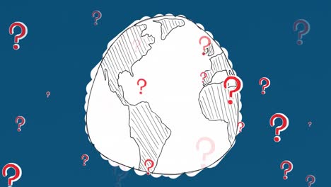 Animation-of-question-mark-symbols-over-globe-drawing-against-blue-background