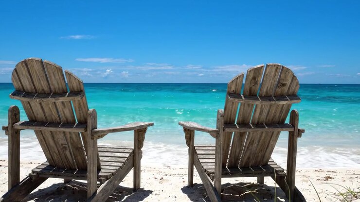 Serene strandontsnapping: twee rustieke stoelen met uitzicht op turquoise water, perfect voor ontspanning en het genieten van spectaculaire kustgezichten