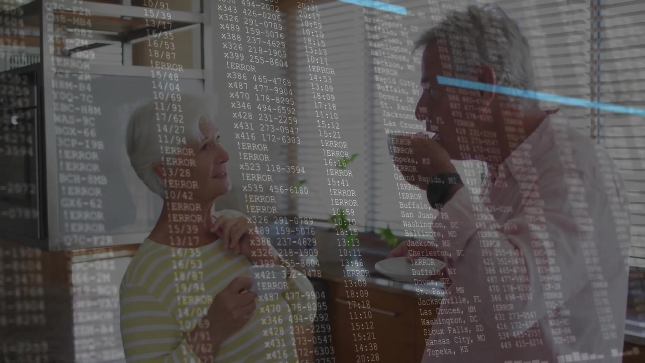 Couple sipping and gesturing in kitchen initiating animated code overlay showing tech data flow