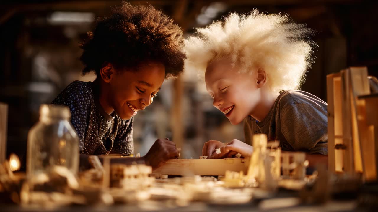 Joyful Creativity: Two Young Friends Engaged in Building Wooden Models Together in a Warm, Light-Filled Workshop, Showcasing Friendship, Imagination, and Collaborative Play