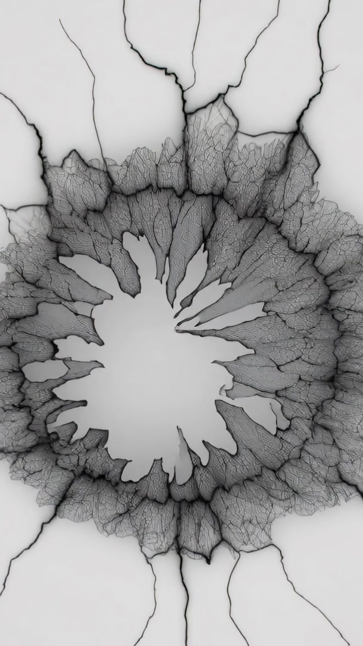 Vertical video: Central ring eroding over frames, forming ink fissures and petals for design