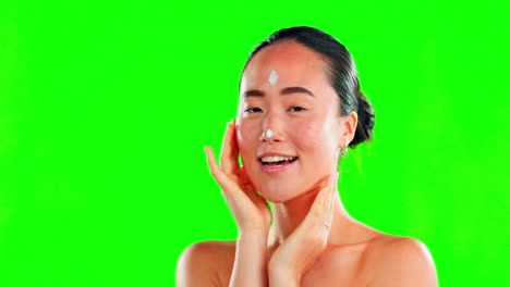 skincare, face and asian woman with cream on green