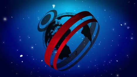 Rotating-globe-with-red-and-blue-rings,-space-animation-background