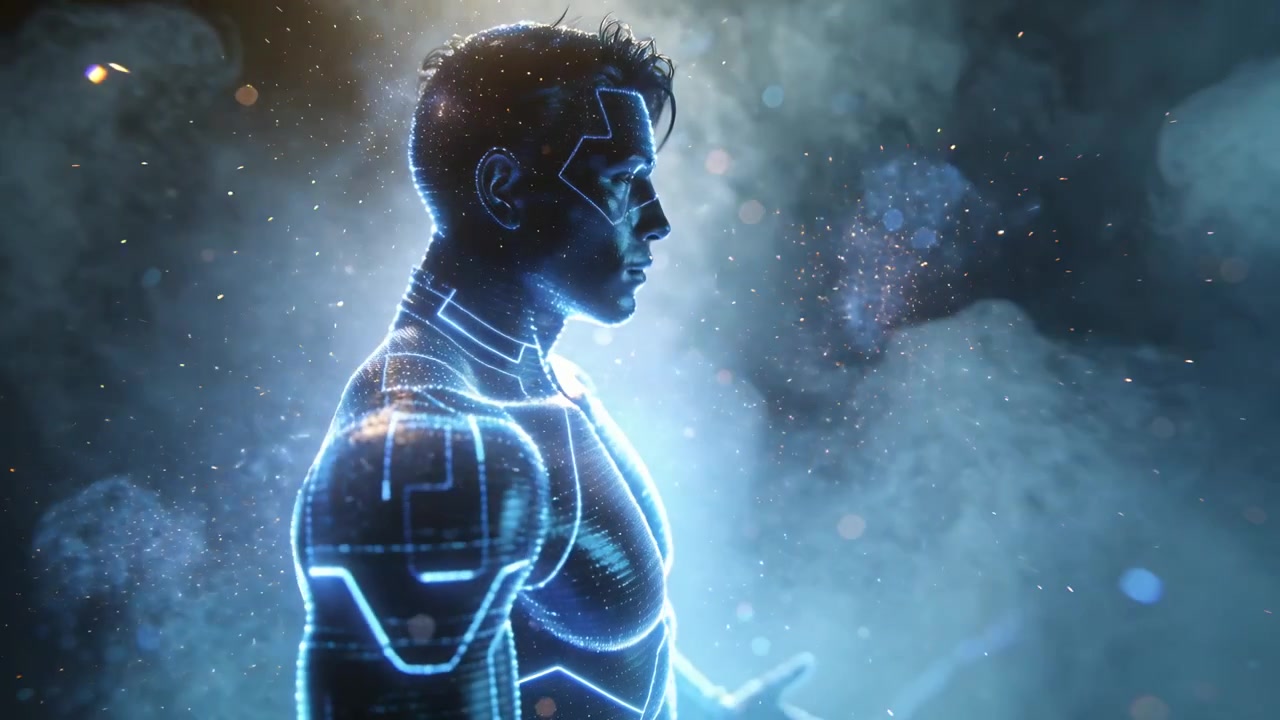 Nastro energetico scintillante, cyborg maschio alimenta una tuta a circuiti con micro-luci nel vuoto, emettendo braci