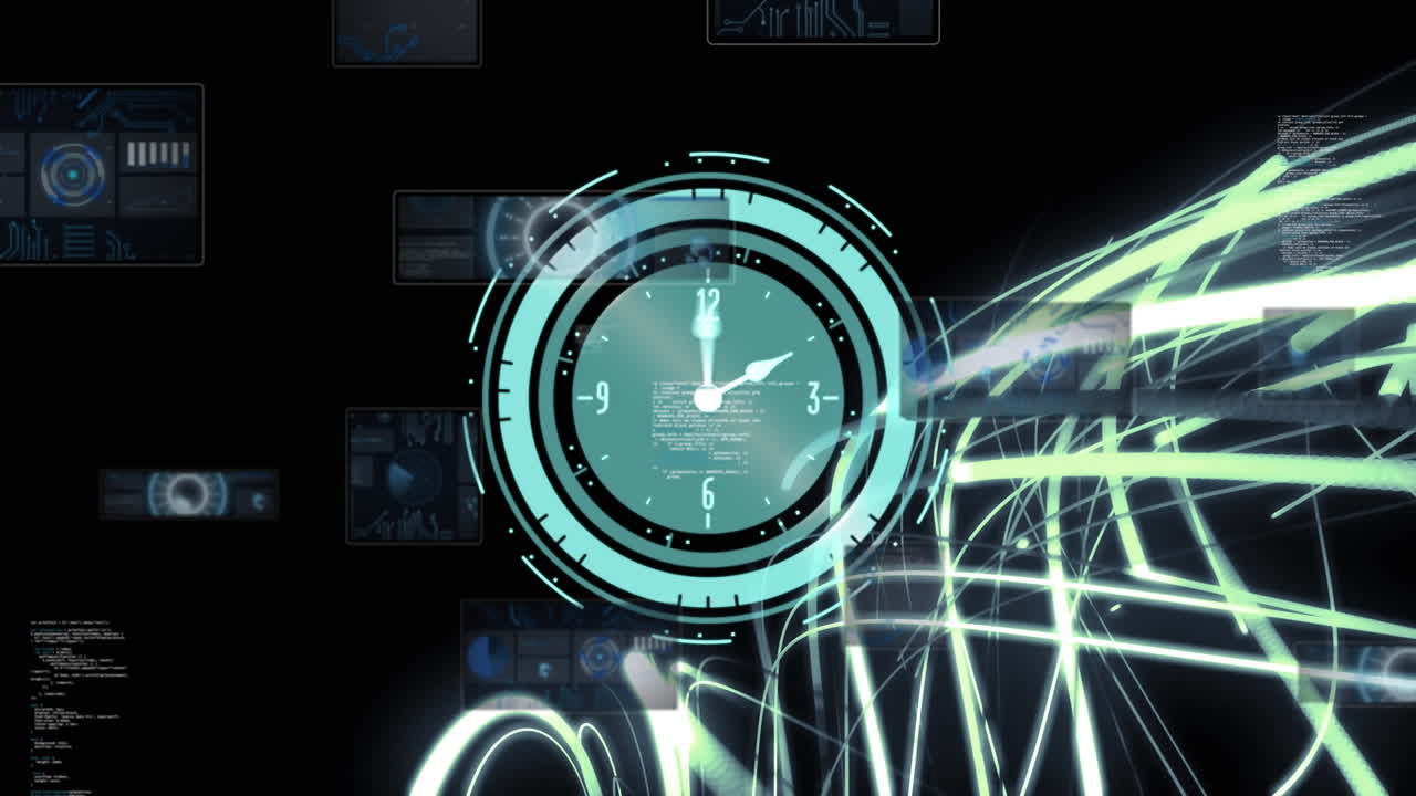 dna 사슬 위로 움직이는 시계의 애니메이션과 별자리로 된 검은 바탕