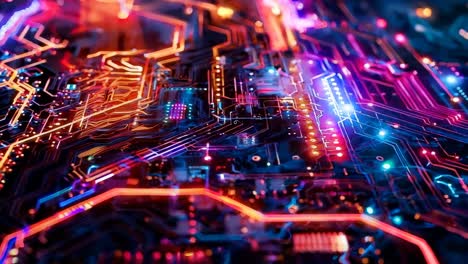 a close up of a circuit board with colorful lights