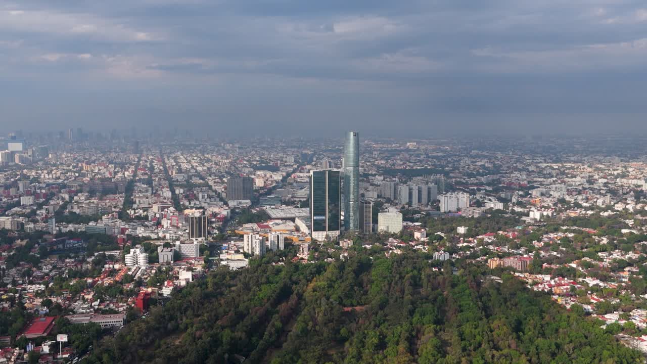 Aerial view looking back at Mitikah Tower in Coyoacan, Mexico City