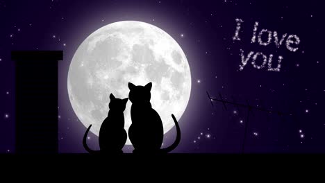 title i love you. two cats on the roof and the moon