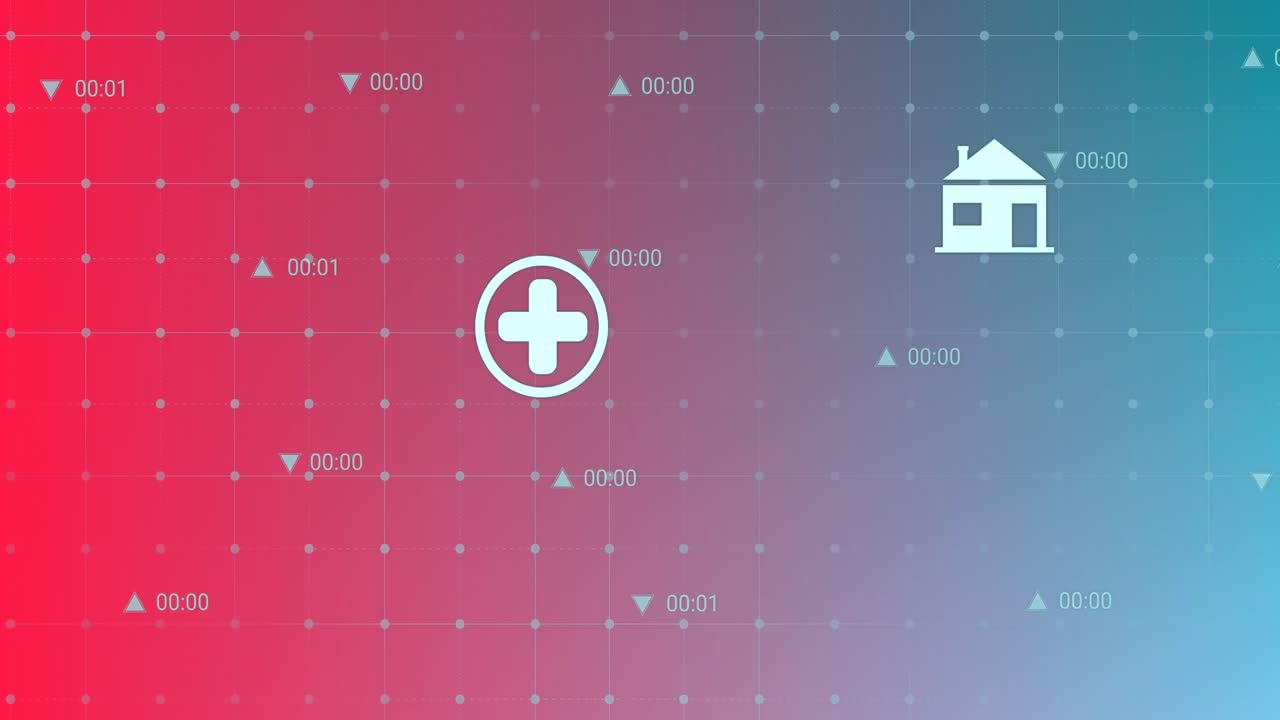 Animation of multiple icons and changing numbers over grid pattern against gradient background