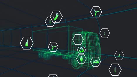 Animation-Mehrerer-Digitaler-Symbole-über-Einem-3D-Lkw-Modell,-Das-Sich-In-Einem-Nahtlosen-Muster-In-Einem-Tunnel-Bewegt