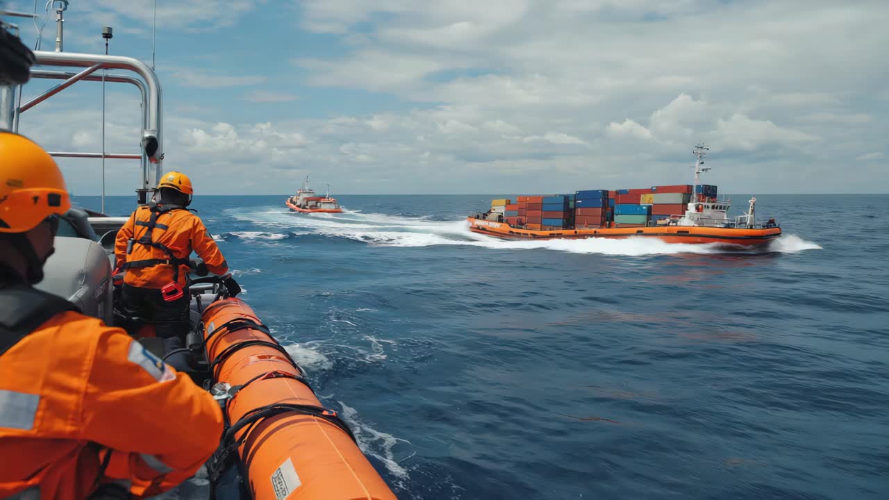 View from a boat with a cargo ship and other vessels on the open sea