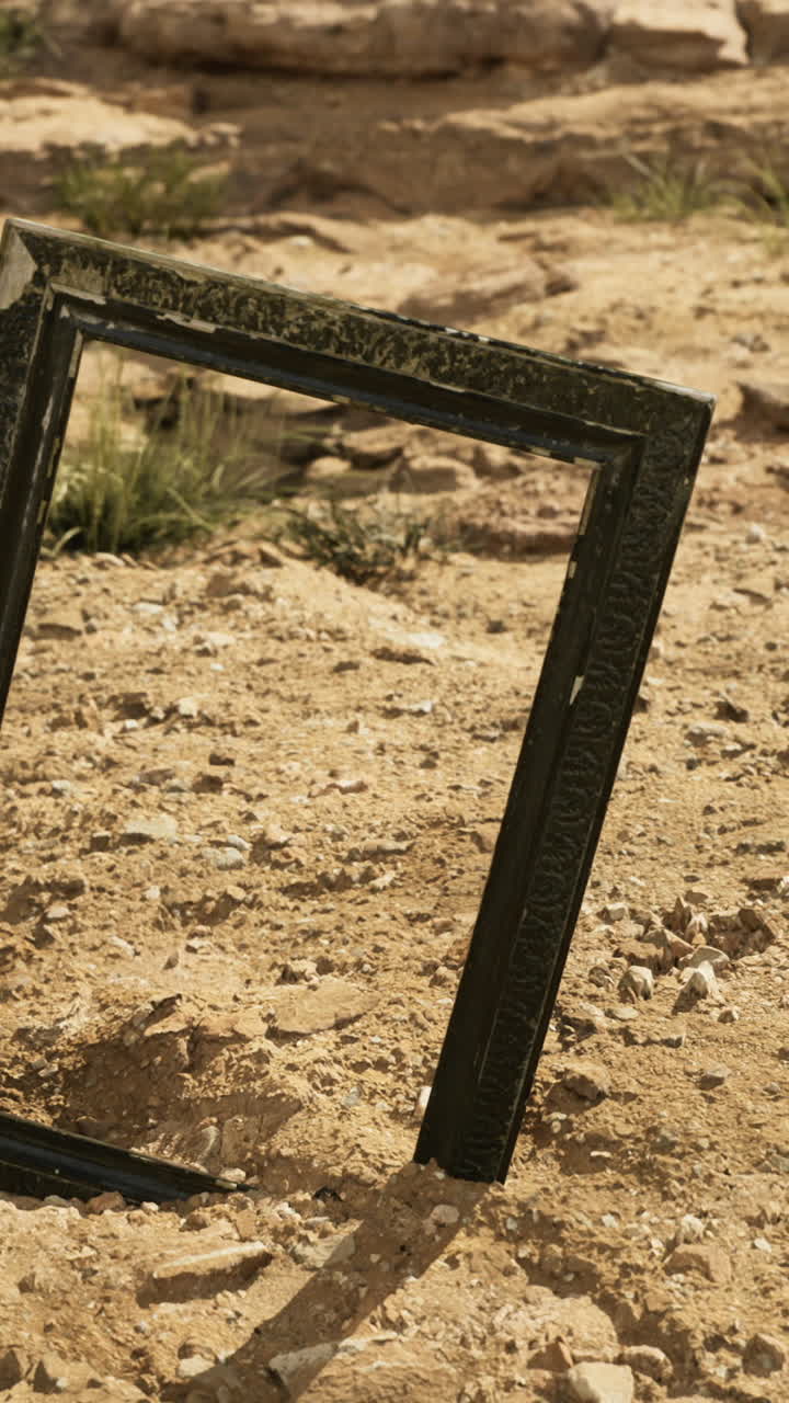Unique empty frame stands in the sandy desert landscape under bright sunlight