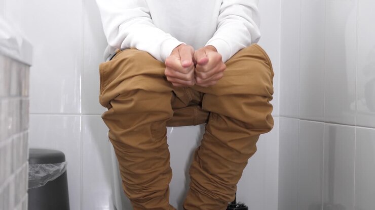 शौचालय पर बैठे पैंट के साथ एक आदमी को शौच के साथ समस्याएं हैं, वह तंग है, अपनी मुट्ठी को कसता है