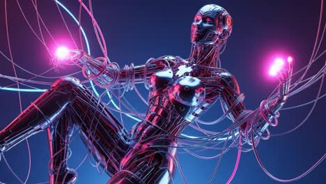 an enigmatic cybernetic figure surrounded by vibrant energy cables, presenting a visual fusion of technology and artistry in an imaginative sci-fi context