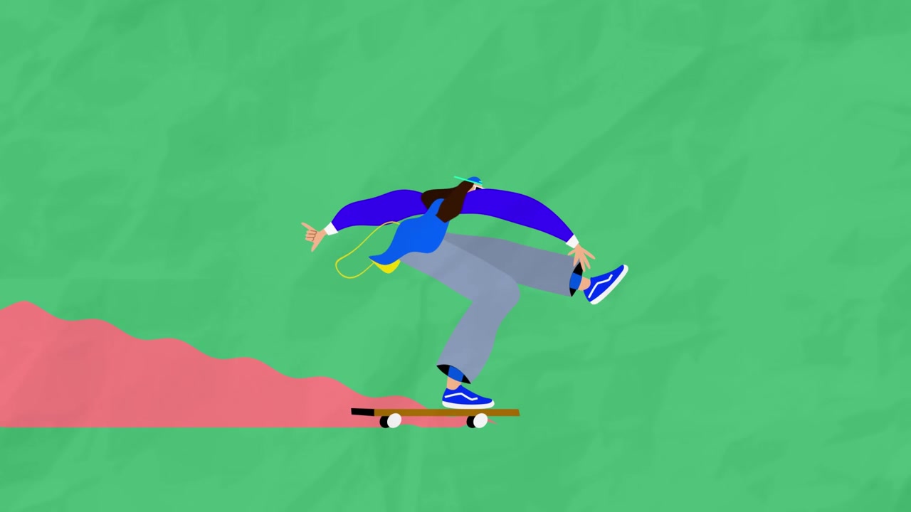 Pushing skateboarder in purple jacket rolling on skateboard after push on paper with pink trail