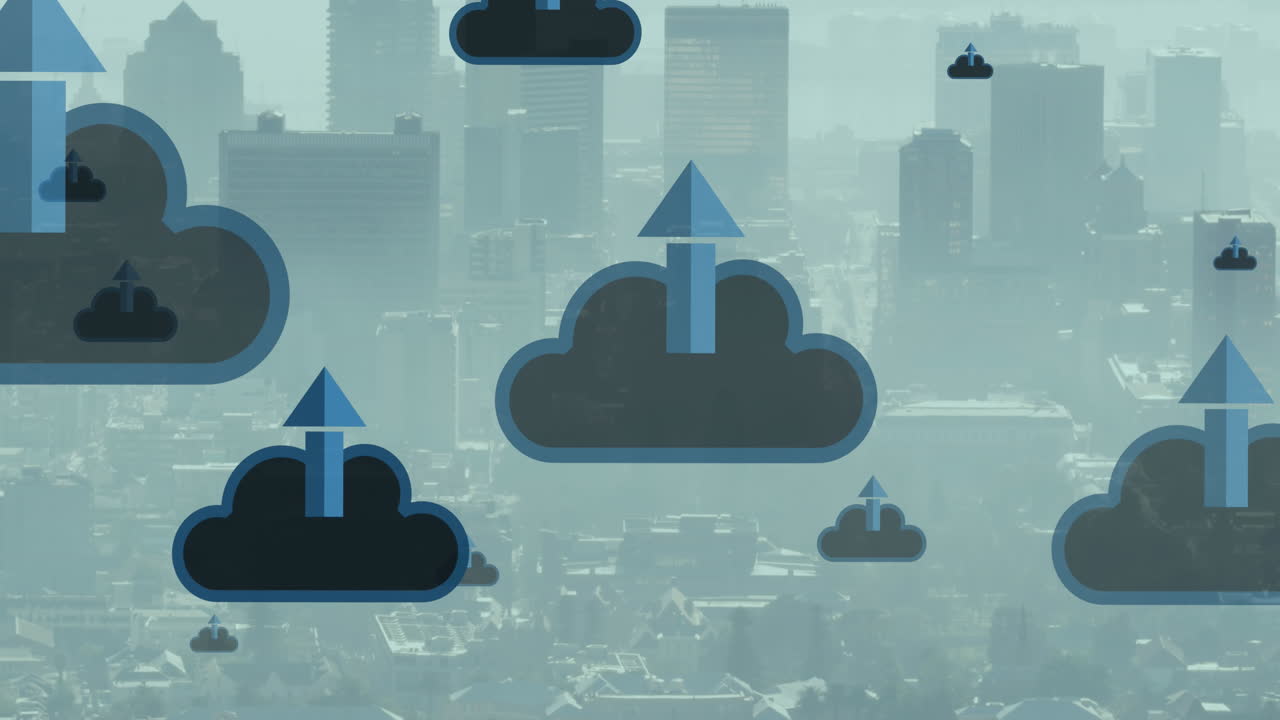 animación de nubes con flechas y procesamiento de datos sobre el paisaje urbano.