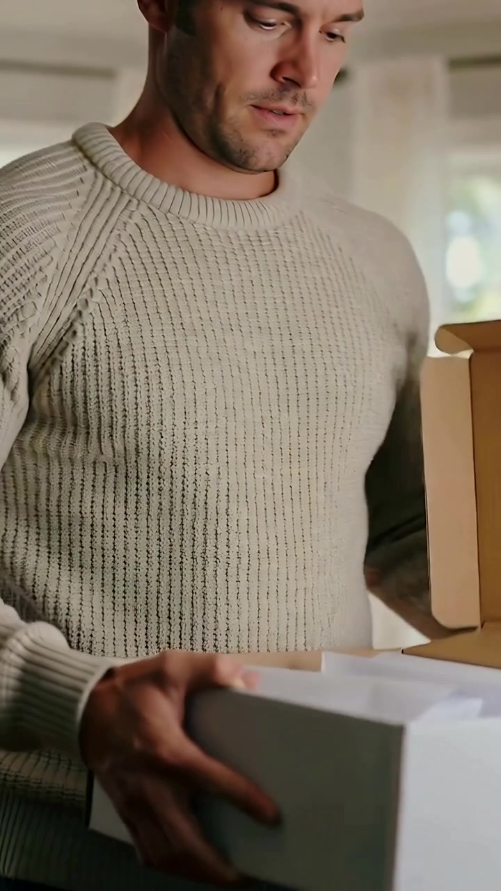 Vertical video: Entering man in beige knit carrying box, lifting lid and inspecting tissue at home
