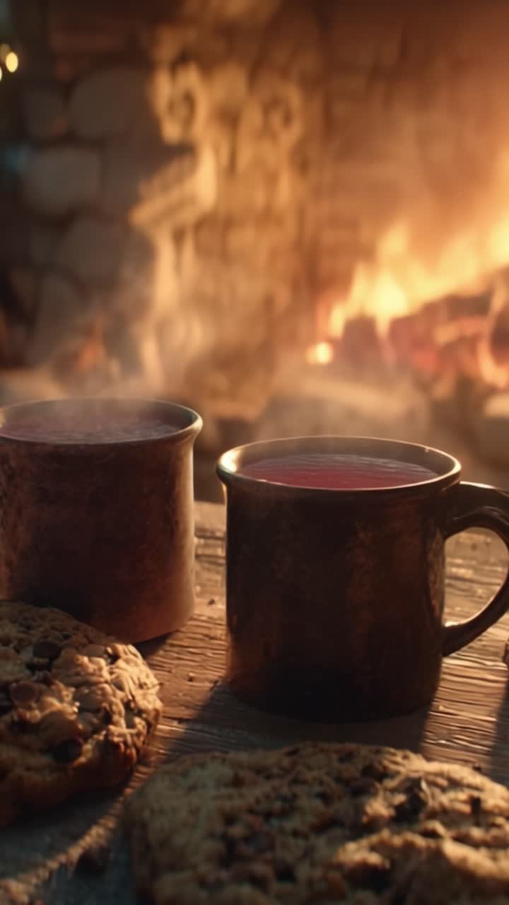 Bebidas calientes y galletas junto al fuego: Una acogedora escena de chimenea perfecta para reuniones invernales y momentos de relajación con seres queridos.