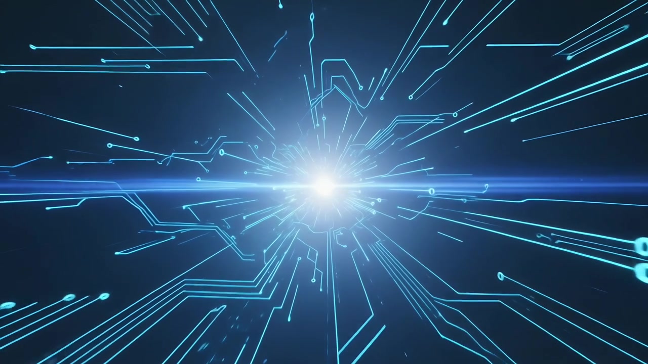 Nucleo energetico centrale pulsante che spinge linee di circuito ciano verso l'esterno in un tunnel di dati, segnalando un'esplosione di dati