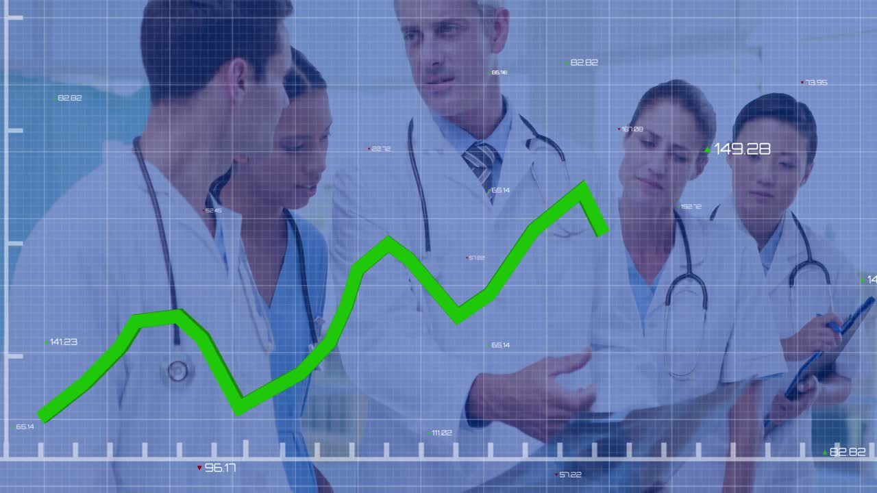 animación del procesamiento de datos financieros sobre diversos médicos