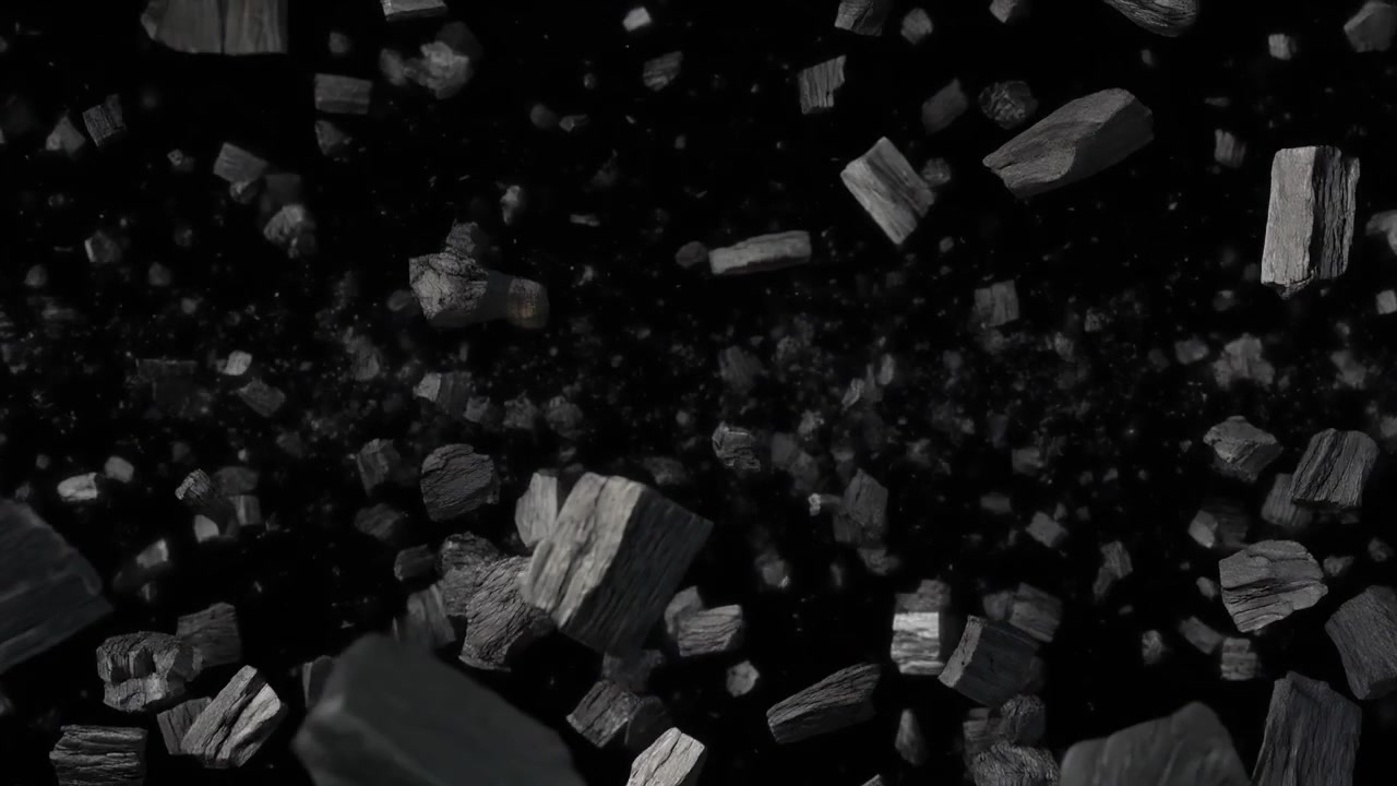 Floating Charcoal Pieces Suspended in Dark Space