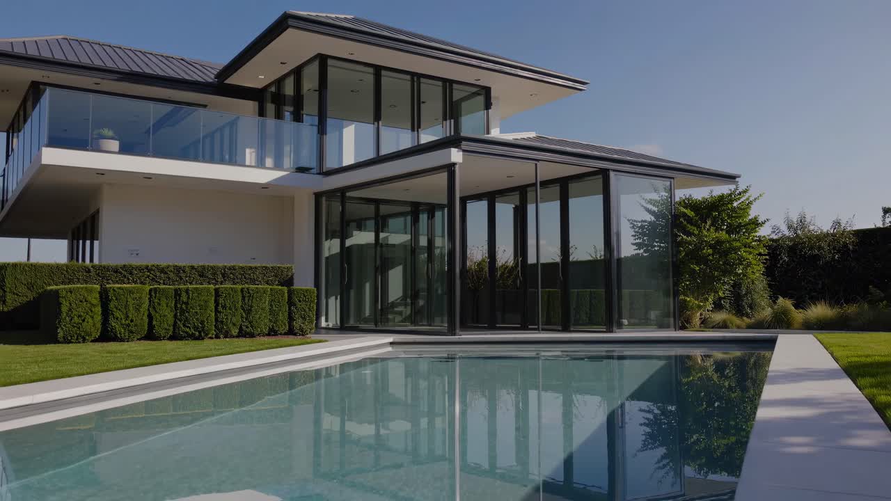 Modern luxury home with glass walls and sleek design, captured from a low-angle view