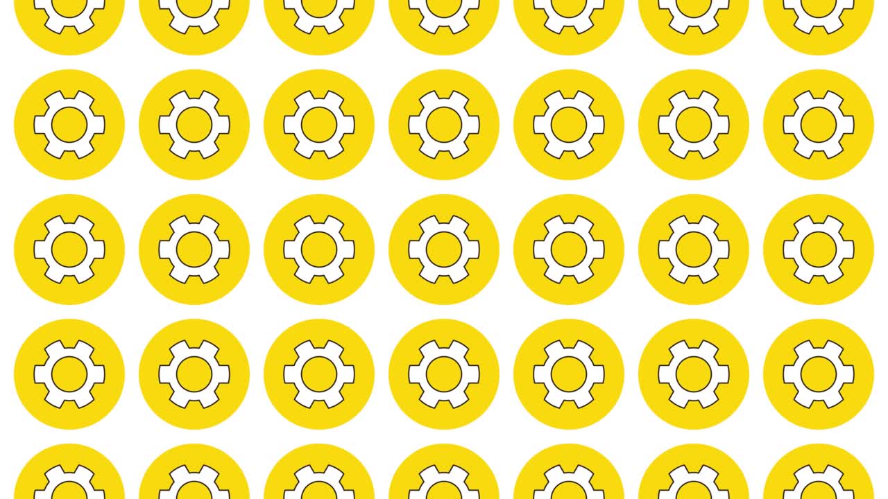 Cogwheel icon in yellow circle with black dynamic line pattern on a white background. Seamless loop dynamic pattern with regular symbols rotating around