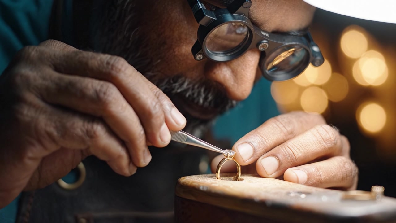 Un artigiano ripara con cura un anello prezioso con strumenti di precisione sotto una luce soffusa, mettendo in mostra una maestria dettagliata e passione per la creazione di gioielli in ogni momento.
