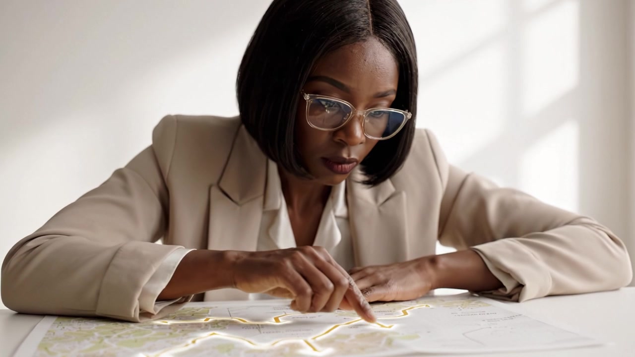 An Introspective Woman Analyzing a City Map While Planning Her Journey in a Bright Office, Focused and Engaged in the Details of Her Route and Destination