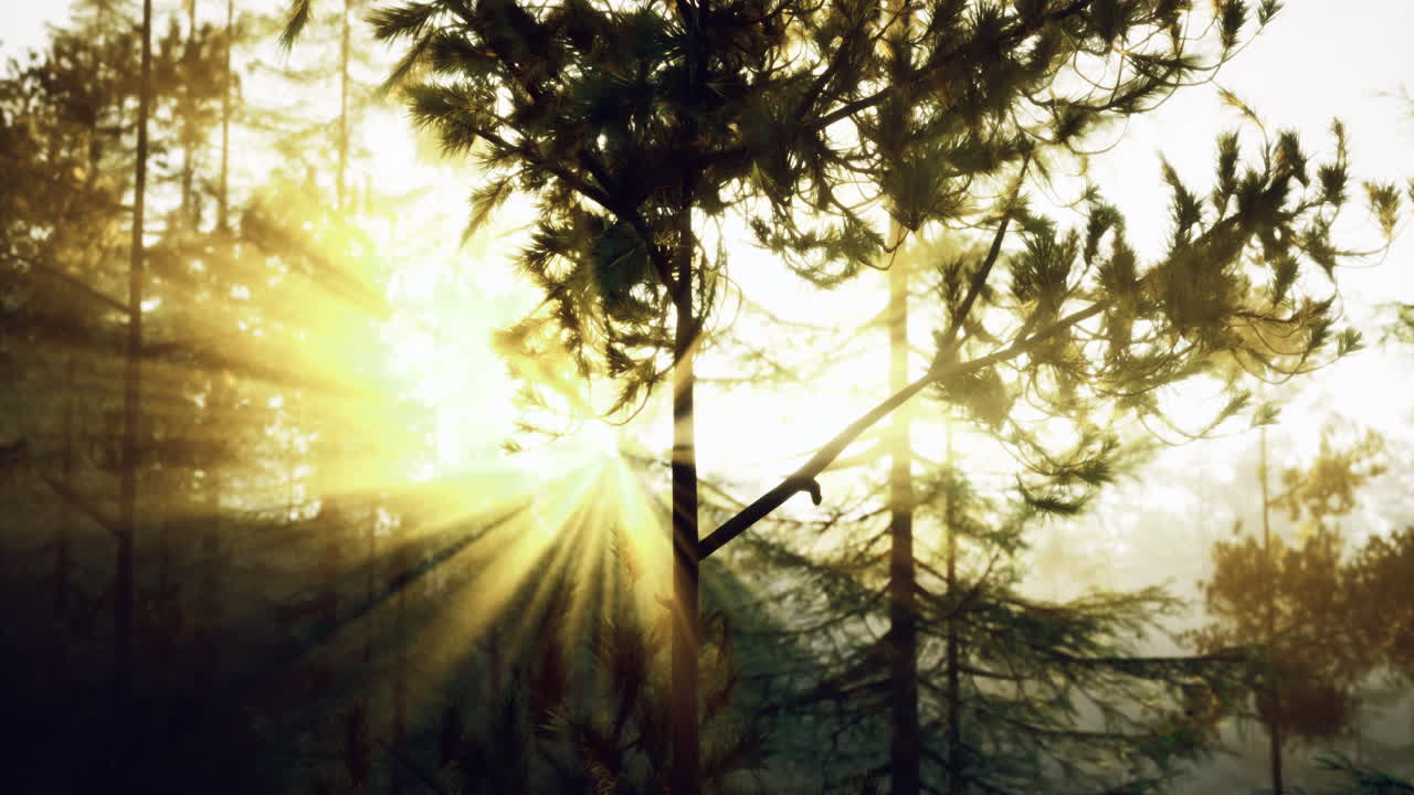 Sunlight filters through trees in a peaceful forest setting at dawn