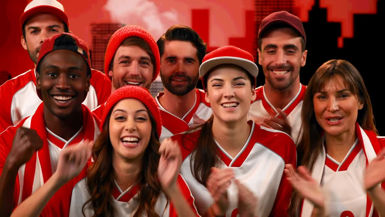 animación de un grupo diverso de aficionados al deporte animando el paisaje urbano sobre fondo rojo
