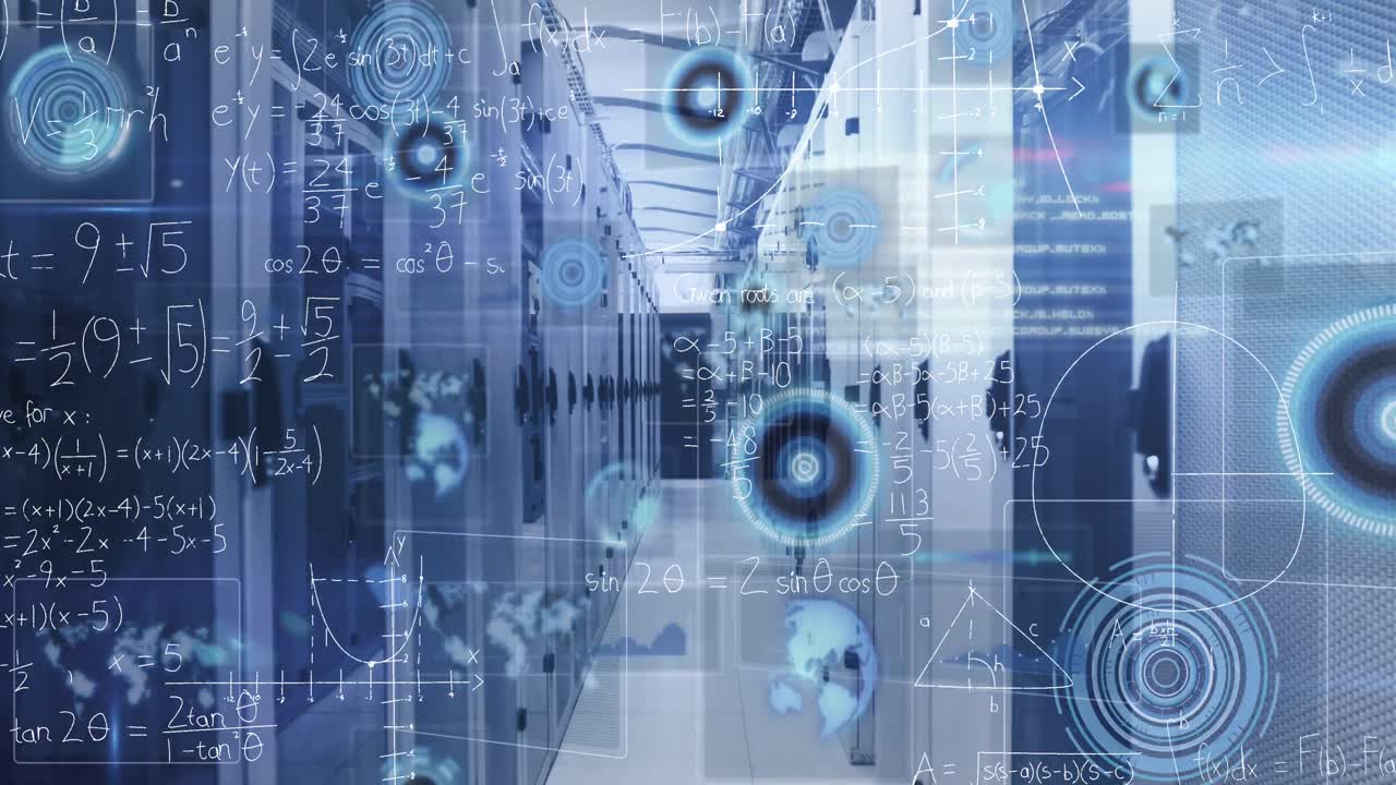Animation of mathematical equations and data processing against computer server room